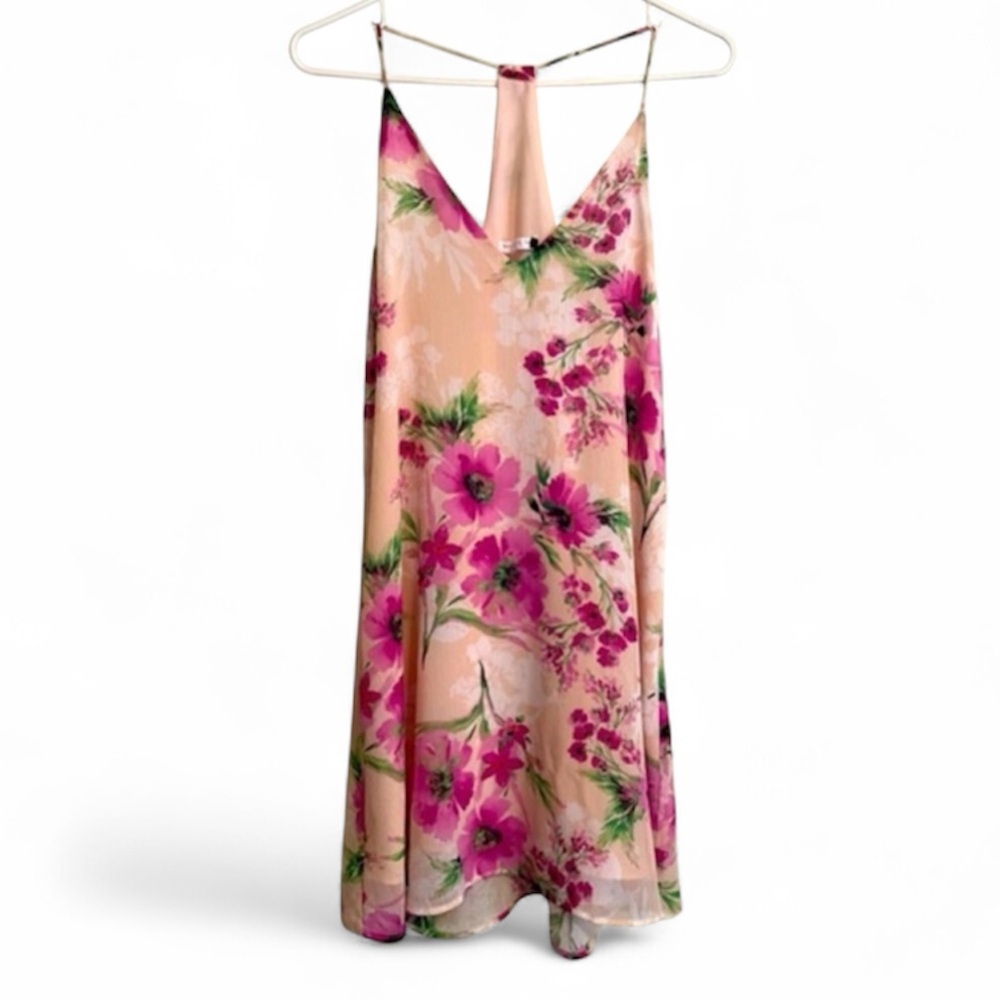 Floral Slip Mini Dress Racerback Formal Lined XS Pink Flowy Garden Party Coastal